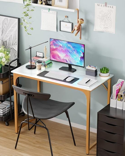 PayLessHere | 39 Inch Computer Desk | White Gold | Office Desk with Metal Frame, Adjustable Feet | Water-Resistant, Scratchproof Surface | Sturdy Writing Table for Home Office or Study | Pack of 1