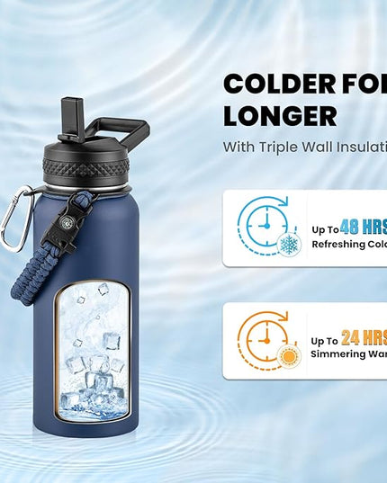 Insulated Water Bottle 32 oz, Triple Wall Vacuum Stainless Steel (Cold for 48 Hrs), Leak Proof & Non-BPA, Modern Water Flask Jug with Paracord Handle & Straw Spout Lids, Navy Blue