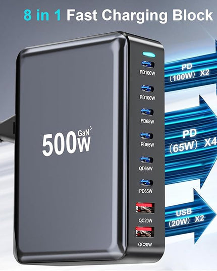 500W USB C Fast Charger Block, 8 Port USB Charging Station, GaN Ⅲ Pro Double 100W PD PPS Port Fast Charging Station for Multiple Devices,Laptop Wall Charger Compatible with MacBook, iPhone 17,iPad etc