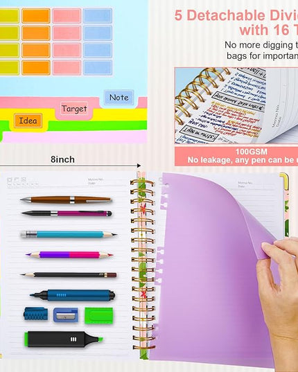 Spiral Journal Notebooks for Work, 300 Pages 5 Subject Notebook College Ruled with Dividers & Tabs, 8''x 10'' Large Notebook Journal for Women Students Note-Taking and Organizer (Pink Floral)
