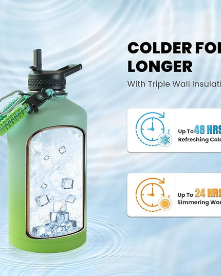 One Gallon Water Bottle Insulated, Triple Walled Vacuum Stainless Steel (Cold for 48 Hrs), Leak Proof & Non-BPA, Large Water Flask Jug with Paracord Handle & Straw Spout Lids