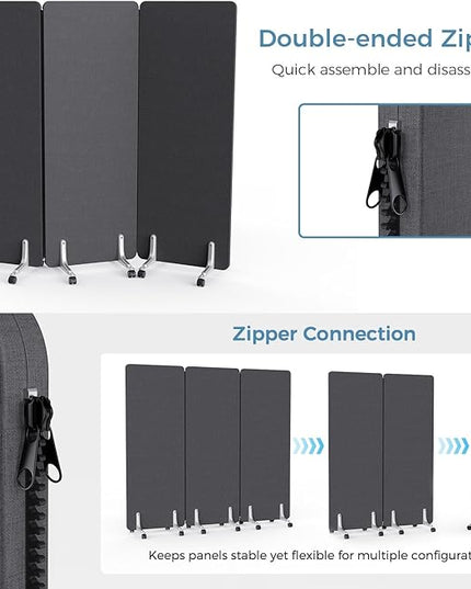 70.8" W x 63" H Freestanding Partition Room Dividers, Acoustic Panels with Wheels, 3 Soundproof Privacy Panels for Office, Reception Room, School, Hospital, Dark Grey