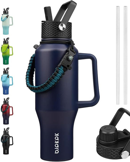 BJPKPK Insulated Water Bottles with Straw Lid, 35oz Metal Water Bottle with 2 lids & Paracord Strap, Double Wall Stainless Steel Tumbler with Handle, Reusable Cups, Mugs, Thermo, Navy Blue