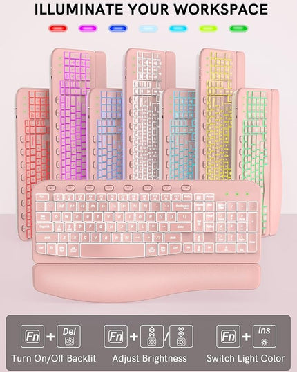 SABLUTE Ergonomic Wireless Keyboard and Mouse Combo - Wave Keyboard with Soft Leather Wrist Rest, Resistant Keys, RGB Backlit Rechargeable Set for PC/Mac/Chromebook (Black) (Pink)