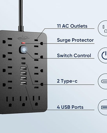 6 FT Flat Plug Surge Protector Power Strip,11 Multiple AC Outlets with 6 USB Ports (2 USB C), 6 Feet Extension Cord, 1250W/10A, One Touch Switch Button, 17 in 1 Compact powerstrip