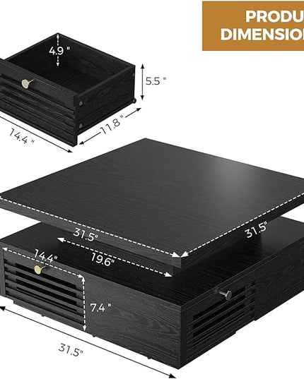 IRONCK Coffee Table with LED Light and Charging Station, 4 Storage Drawers with Grille Design, Square Coffee Table for Living Room Office Reception Room (Black)