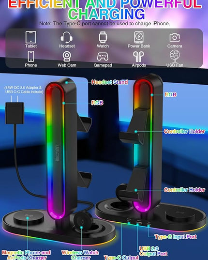 RGB Headset Stand with Wireless Charger, 8-in-1 Charging Station for iPhone, Samsung, Apple Watch Type-C/USB Ports, Gaming Headphone & Controllers Holder, Organizer for Desk Includes 20W PD Adapter