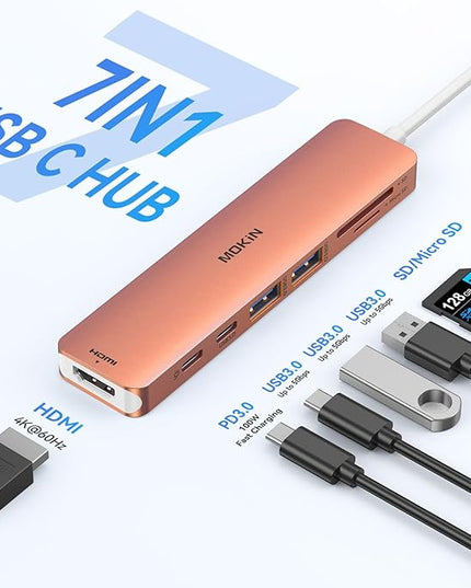 USB C Hub HDMI Adapter for MacBook Pro/Air, MOKiN 7 in 1 USB C Dongle with HDMI, SD/TF Card Reader, USB C Data Port,100W PD, and 2 USB 3.0 Compatible for MacBook Pro/Air, Dell XPS, Lenovo Thinkpad.