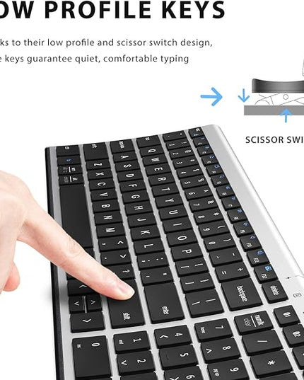 iClever BK10 Bluetooth Keyboard, Wireless Rechargeable Ultra-Slim Keyboard with Long Battery Life, Compatible with iOS, Android, Windows, Mac for iPad, Tablet, Laptop, PC, Phone (Silver Black)