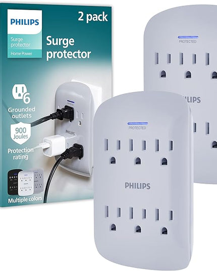 Philips 6-Outlet Extender Surge Protector, 900 Joules, 3-Prong, Space Saving Design, Protection Indicator LED Light, 2 Pack, Grey, SPP3466GR/37
