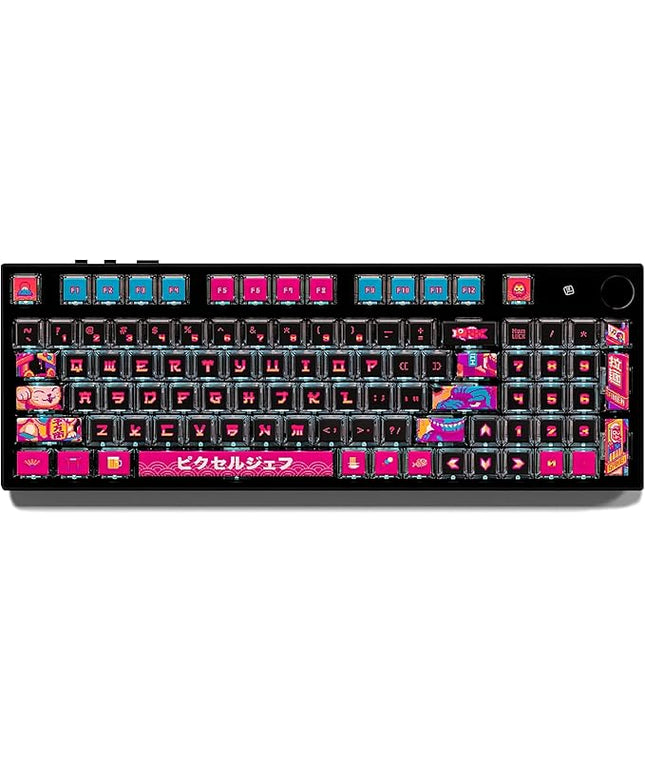 x Pixel Jeff Neon Japan Keycap Set, 120 Keys ASA PC PBT Keycap Set, Dye Sub Shine Through 4-Sided Crystal Key Caps, Japanese Style Keycaps for MX Switches Mechanical Keyboard
