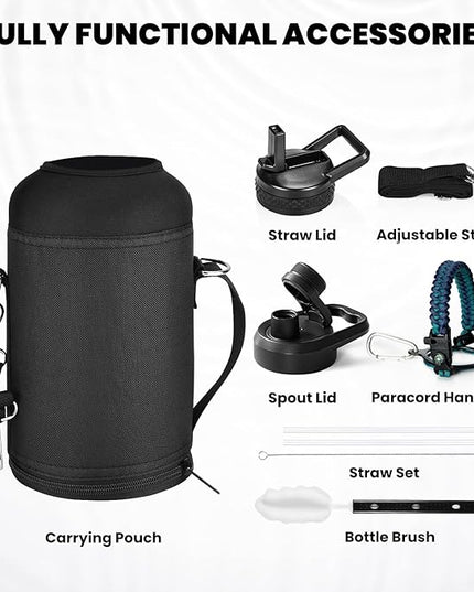 Insulated Water Bottle 64 oz, Triple Wall Vacuum Stainless Steel (Cold for 48 Hrs), Leak Proof & Non-BPA, Half Gallon Water Flask Jug with Paracord Handle & Straw Spout Lids, Cyan Blue
