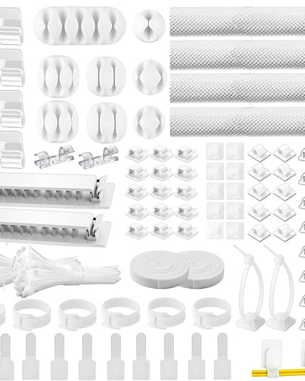 [313Pcs] Cable Management Kit, 67 Adhesive Cable Clips, Topavatop Desk Cord Organizer, 22 Reusable Cable Strap, 4 Cable Sleeve Split, 200 Nylon Cable Zip Ties with 20 Mounts for TV Office Home, White