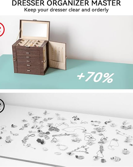 Frebeauty Large Jewelry Box,6-Tier PU Leather Jewelry Organizer,Multi-functional Storage Case with Mirror,Accessories Holder with 5 Drawers for Necklace Bracelets Watches(Tree Brown)