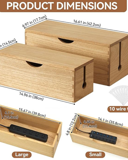 KIRIGEN Cable Management Box Wooden Cord Organizer Hide Power Strip Desk Wires Protector for Home Office TV Computer (DXH2T-NA)