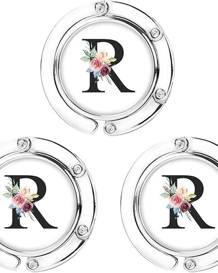Iqimott 3pcs Personalized Initial Foldable Purse Hook for Table, Flower Letter Folding Handbag Hanger Portable Magnet Table Hook Holder, Collection Desk Purse Hooks for Women Bag (Black-R)
