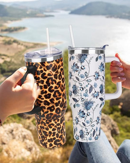 SYACOT 40 oz Tumbler with Handle and Straw Stainless Steel Insulated Tumbler Leak Proof Lid and Straw Lid Reusable Travel Mug Coffee Mug Cup Dishwasher Safe Keep Drinks Cold and Hot (Leopard)