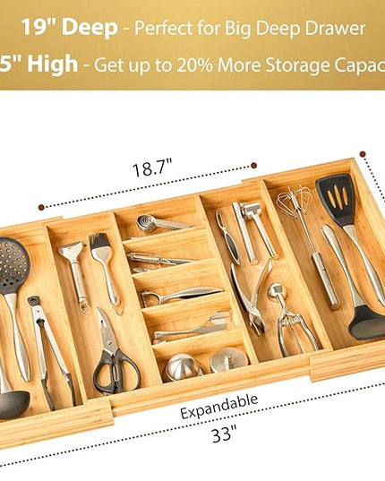 Umilife Extra Large Expandable Kitchen Drawer Organizer for Utensil and Junk, 19" Deep for Big Drawer, 19" to 33" Adjustable Bamboo Wood Drawer Divider, Cutlery Tray, Flatware Holder