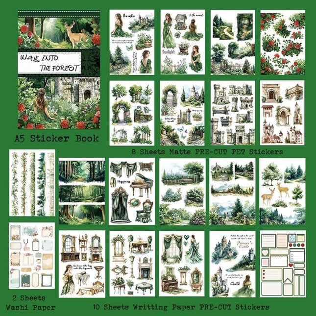 Dwpetzo Forest Woodland Castle Scenery Sticker Book for Journaling, 20 Sheets Precut PET Washi Materials Ephemera Stickers for Junk Journal Supplies, Scrapbooking, DIY Crafts Arts