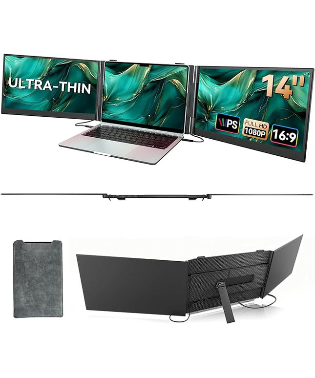14" Triple Laptop Screen Extender, Ultra-Thin Lightweight FHD 1080P IPS Laptop Monitor Extender Portable, Extended Screen for Laptops 13-17.3" Compatible with Wins Mac Chrome Dex Phone Travel Work
