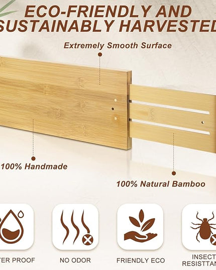 4 Pcs 6 Inch High Drawer Dividers 15"-22" Adjustable Bamboo Drawer Dividers Deep Expandable Dresser Organizer with Spring Loaded for Clothes Bedroom Bathroom Kitchen Fridge Office