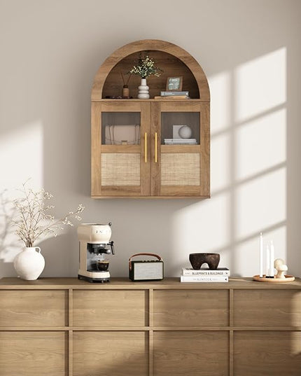 RUSTOWN Arched Bathroom Wall Cabinet, Rattan Medicine Cabinet with 2 Glass Doors, Farmhouse Over The Toilet Storage Cabinets with Adjustable Shelves, 3-Tier Wall Mounted Cabinets