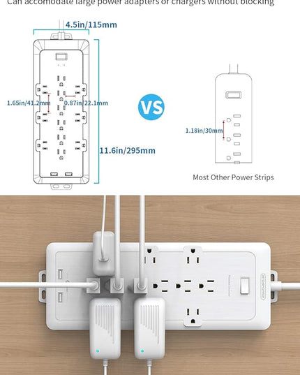4000 Joules Power Strip Surge Protector, 15 FT Heavy Duty Extension Cord (1875W/15A), 12 Widely Spaced AC Outlets, Overload Protection, Wall Mount, ETL Listed, Ideal for Home, Dorm Essentials, White