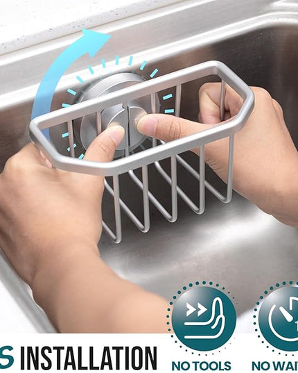 TAILI Sponge Holder for Kitchen Sink with Strong Suction Cup, Rustproof Aluminum Sink Caddy for Sponges, Brushes, Stoppers & Scrapers, Silver
