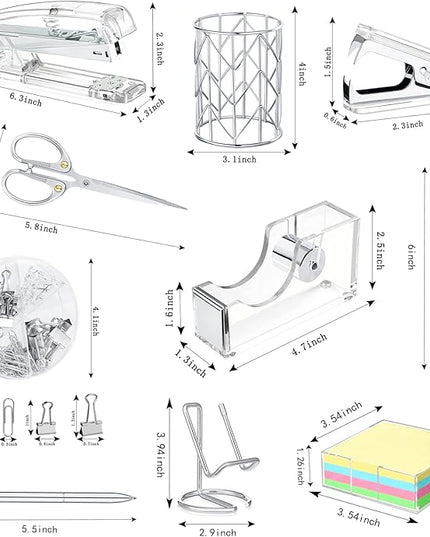 Office Desk Accessories, Acrylic Stapler, Staple Remover, Tape Holder, Pen Holder, Ballpoint Pen, Scissor, Binder Clips, 1000pcs Staples, Phone Holder, Ruler, Transparent Glue and 300 Notes