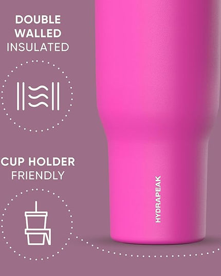 Hydrapeak Voyager 40 Oz Stainless Steel Tumbler with Handle, Insulated Water Bottle With Straw & Lid, Cupholder Friendly Reusable Travel Mug (Fuchsia)