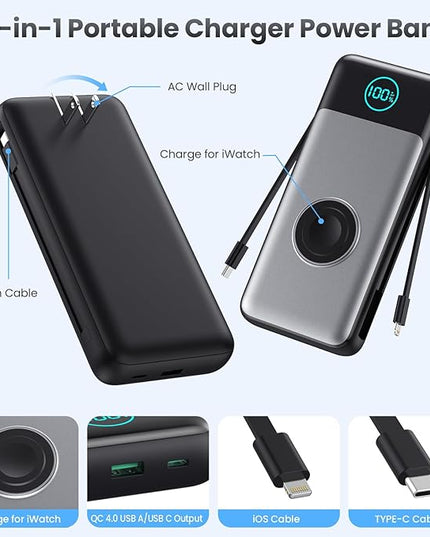 Portable Charger for iPhone with Built-in Cables and AC Wall Plug,Upgraded 26800mah Fast Charging USB C Power Bank,25W PD Travel Essential Battery Pack for iPhone 17/16/15/14/13,Galaxy,Apple Watch