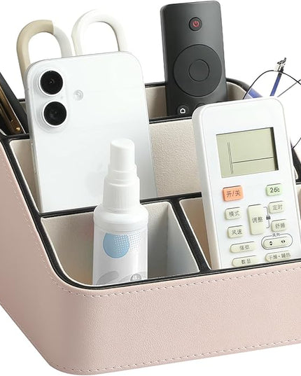 MEIBOOCH Remote Control Holder, PU Leather Small Desk Organizer with 4 Compartments, Nightstand Organizer Desk Caddy for Remote, Notepad, Phone, Glasses, and Accessories (Pink)