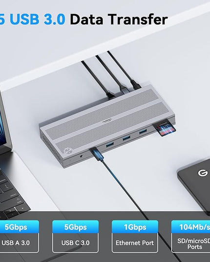 4URPC Laptop Docking Station Triple Display with 120W Power Adapter, Displaylink Docking Station 3 Monitor for MacBook/Mac mini M4, Windows(3 HDMI, 5 USB, Ethernet, SD/microSD)