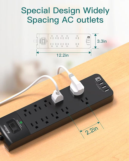 12FT Long Power Strip Surge Protector, Addtam Surge Protector with 10 Outlets and 4 USB Ports, Extension Cord with Flat Plug, 2700 Joules, ETL Listed, Black