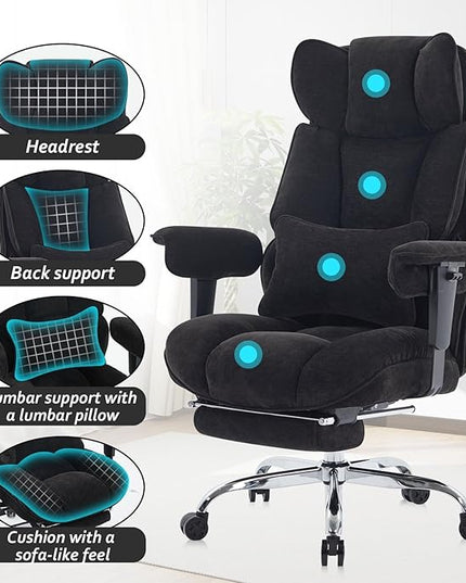 Efomao Executive Office Chair, Soft-Cushioned Computer Chair with Foot Rest, Fabric Home Office Desk Chairs, Big and Tall Office Chairs, Black