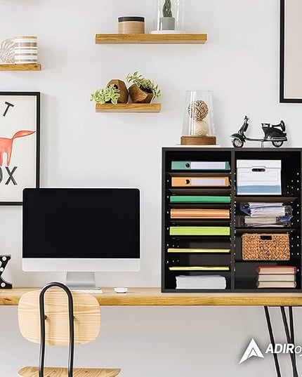 AdirOffice Wooden Adjustable organizerserature Organizer, 16 Compartment Office Mailbox, or Classroom Literature Organizer, Black