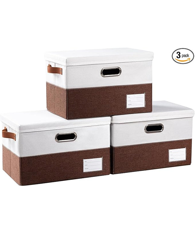 PRANDOM Foldable Storage Bins with Lids [3-Pack] Fabric Collapsible Storage Boxes Baskets Cubes Containers with Handles for Closet Living Room Bedroom (Brown & White 14.9x9.8x9.8'')