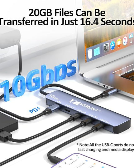 VEMONT 10Gbps USB C Hub - 4 USB-C Data Ports and 100W PD Charging for MacBook, iPhone, iPad, XPS, Surface Pro and More