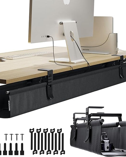 Ascrono Original No Drill Under Desk Cable Management Tray 53.9" - Premium Black Fabric Cable Management Under Desk - Clamp/Screw Mount Cord Organizer - Supports Upto 66lbs - Extra Large