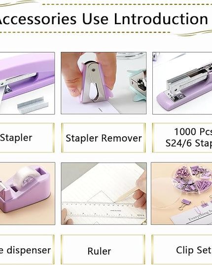 Office Supplies Set,Desk Accessories,Stapler and Tape Dispenser Set,1000 Staples,Staple Remover,Hinder Clips,Ruler,Scissor,Clear Tape,Ballpoint Pen,Sticky Notes,Gifts for Colleagues(Purple)