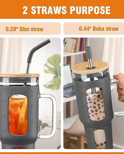 Glass Tumbler with Lid and Straw, 46 oz Iced Coffee Cup with Handle, Large Water Bottles with Silicone Sleeve, Glass Cup with Straws - Pearl Straw & Drinking Straw BPA Free-Grey