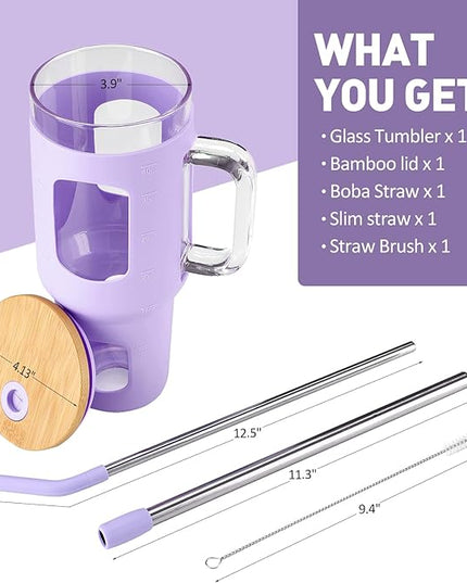 Glass Tumbler with Straw and Lid, 40 oz glass cup with handle, Glass Water Bottles with Time Marker, Silicone Protective Sleeve-Purple