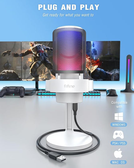 FIFINE Gaming USB PC Computer RGB Microphone for Live Streaming, Meeting, Podcasting, Video, Condenser Mic with Monitoring Headphone Jack, Light Control, for MAC OS/Windows-AmpliGame A8 White