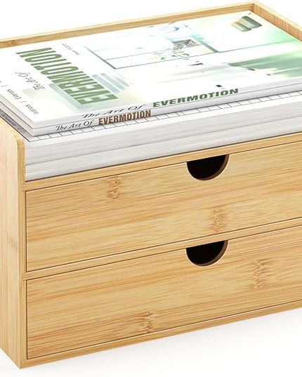 Bamboo Desk Organizer with Drawers Desktop Storage Drawers for Bills Office Supplies Kitchen Utensils Organizing Tool for Home Classroom Organization No Assembly (Nature 2 Drawer)