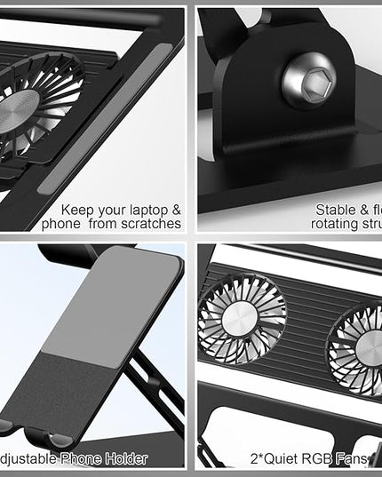 Laptop Stand with Fan, MacBook Cooling Stand with 2 Removable Silent Fans and Phone Holder,Adjustable Height and Angle,Laptop Cooling Pad for 10-18 Inch Laptop,MacBook Pro,Tablet (Black)