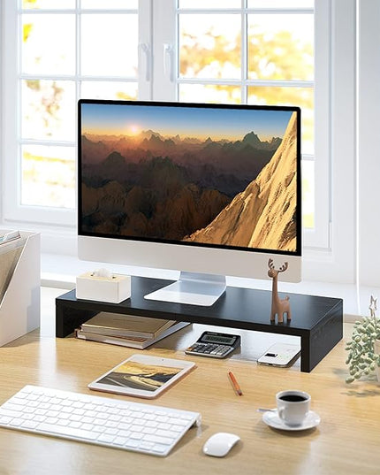 TEAMIX 20 Inch Monitor Stand Riser, Black Desktop Stand for PC/TV/Laptop/Printer, Wood Monitor Riser with Storage, Computer Stand Keyboard Organizer