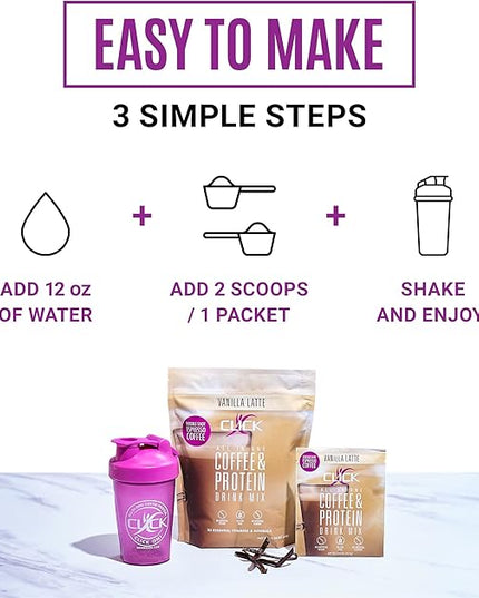 Click Coffee Protein Powder | Double Shot Espresso | 16g Protein | 23 Essential Vitamins | Low Calorie Meal Replacement | 150mg Caffeine | Gluten Free | No Artificial Flavors or Colors | Vanilla