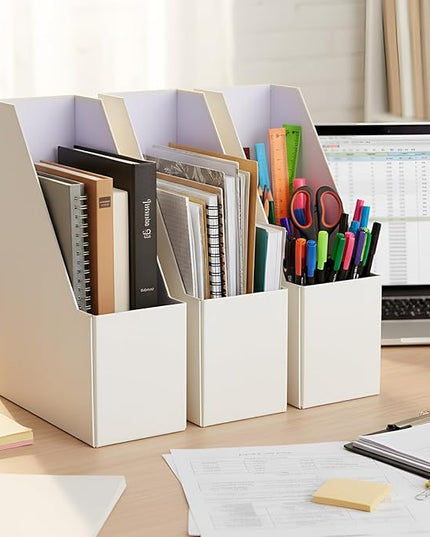 Gueevin Set of 6 Magazine File Holder Stylish Sturdy Cardboard File Boxes Desk Magazine Organizer Rack with Gold Label Holder to Organize Your Desk or Shelves for Home Classroom Office Library(Beige)
