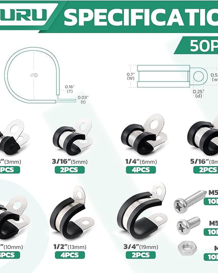 OURU 50PCS Cable Clamps with Screws Assortment Kit 304 Stainless Steel Rubber Coated Cushioned Insulated Cable Clamp,Automotive Wire Pipe Clamps 7 Sizes—1/8" 3/16" 1/4" 5/16" 3/8" 1/2" 3/4"