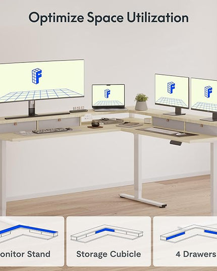 FLEXISPOT 71" L Shaped Standing Desk Electric Corner Table with Shelf, 4 Storage Drawers, Adjustable Computer Workstation for Home, Office, Game, Studio, USB Charger, Light Maple Top + White Frame